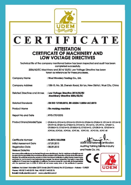 Çin Wuxi Wondery Industry Equipment Co., Ltd Sertifikalar
